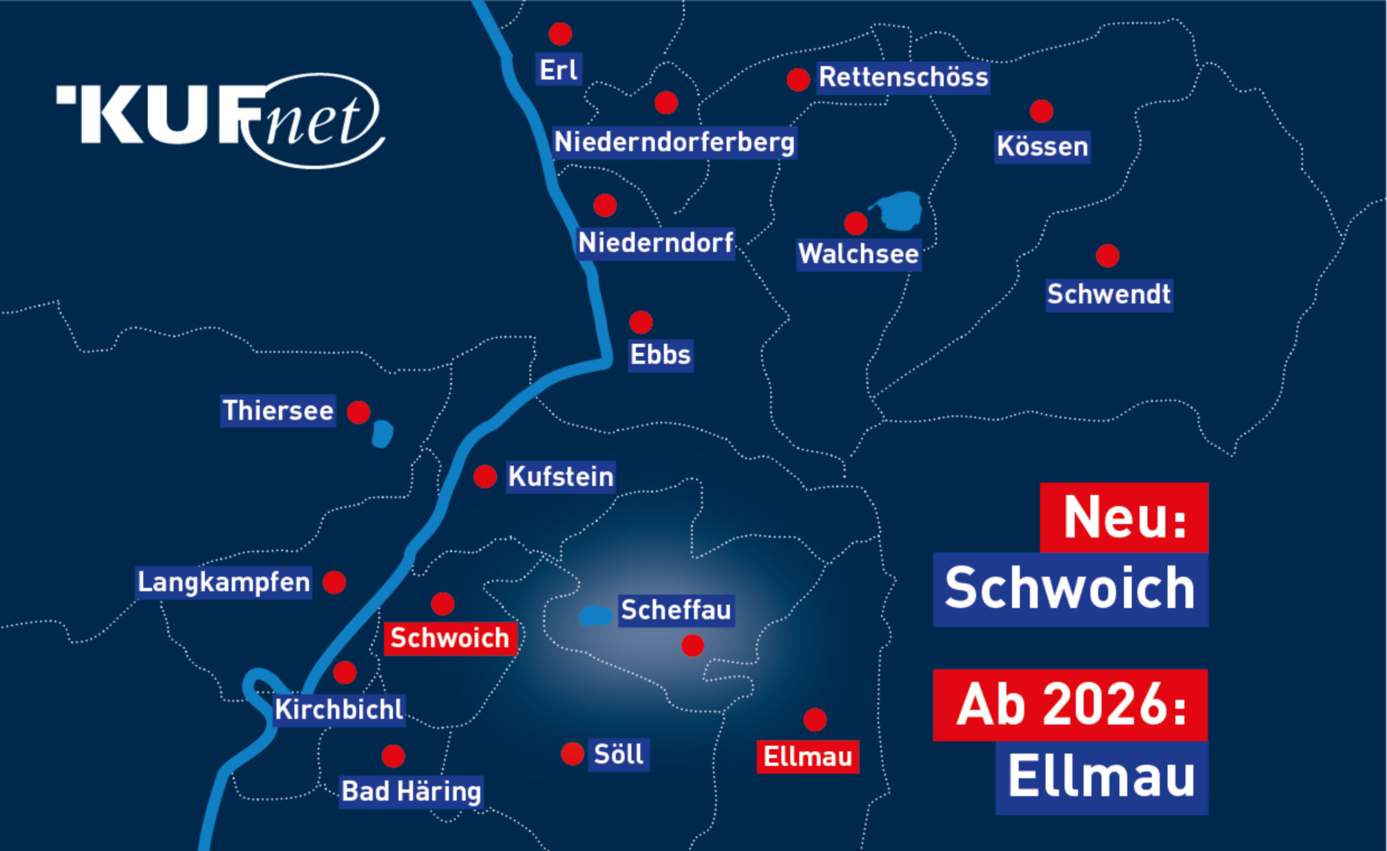 Karte des Kufnet-Ausbaugebiets in der Region Kufstein. Markiert sind Orte wie Kufstein, Kirchbichl, Langkampfen, Ebbs, Erl, Thiersee, Niederndorf, Niederndorferberg, Walchsee, Kössen, Schwendt, Rettenschöss, Bad Häring, Söll und Scheffau. Neu hinzu kommt der Ausbau in Schwoich (rot hervorgehoben), ab 2026 folgt Ellmau (ebenfalls rot markiert). Das KufNet-Logo befindet sich links oben.